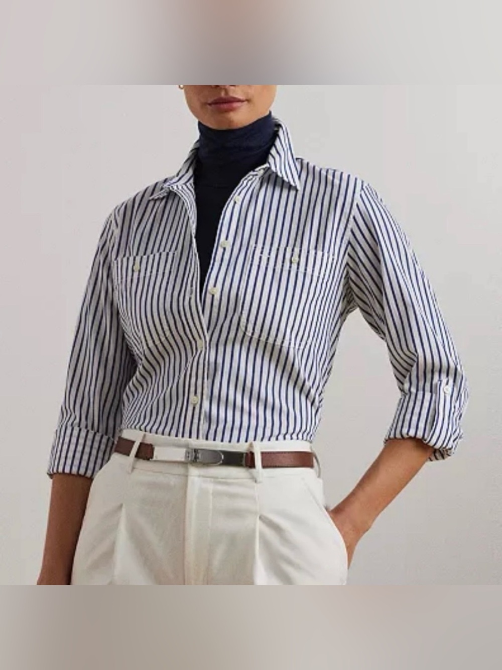 Lauren Ralph Lauren Long Roll-Tab Sleeve Striped Button Front Cotton Shirt Sz S